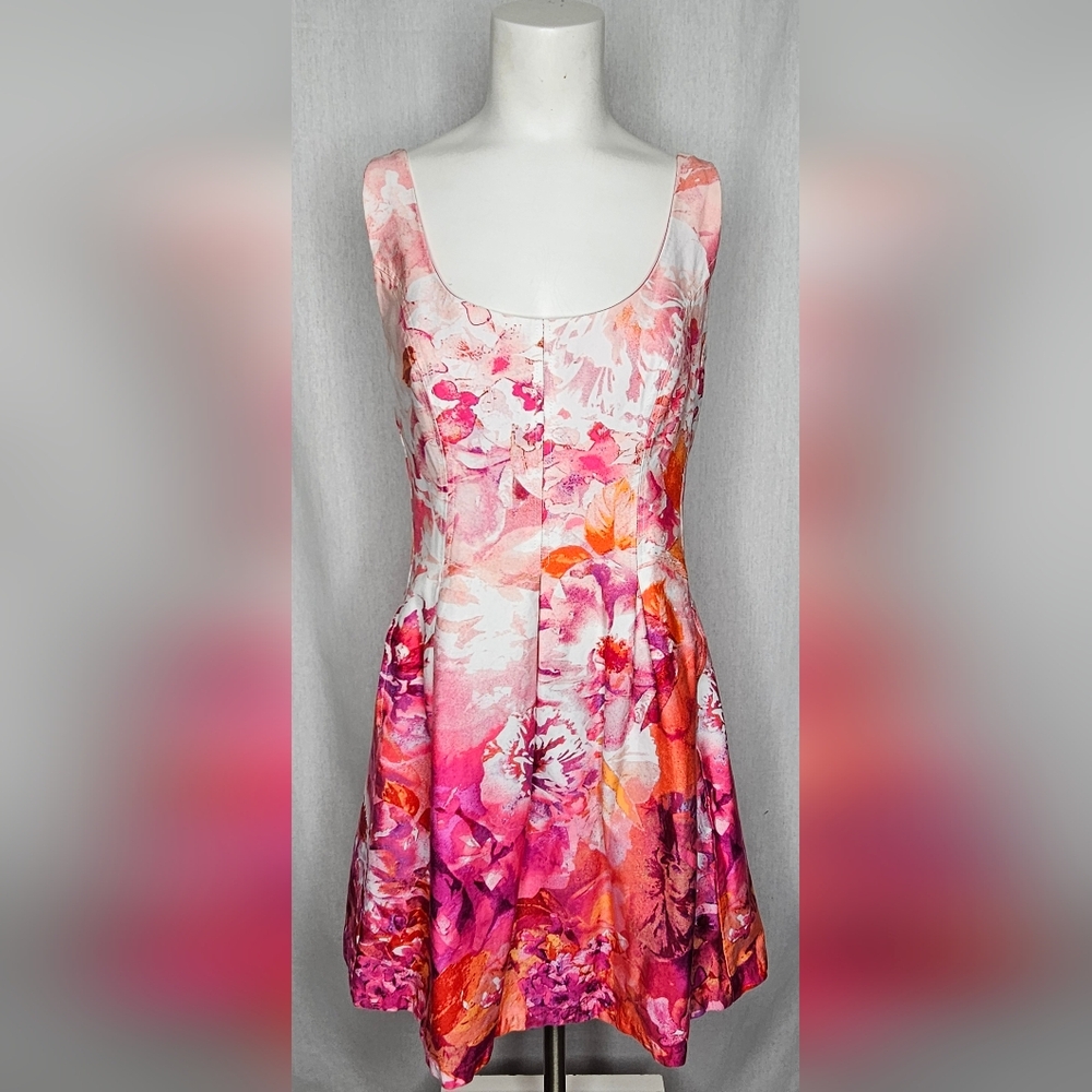 Nine West Vibrant Pink‎ & Orange Modern Art Floral Cocktail Dress Size 10